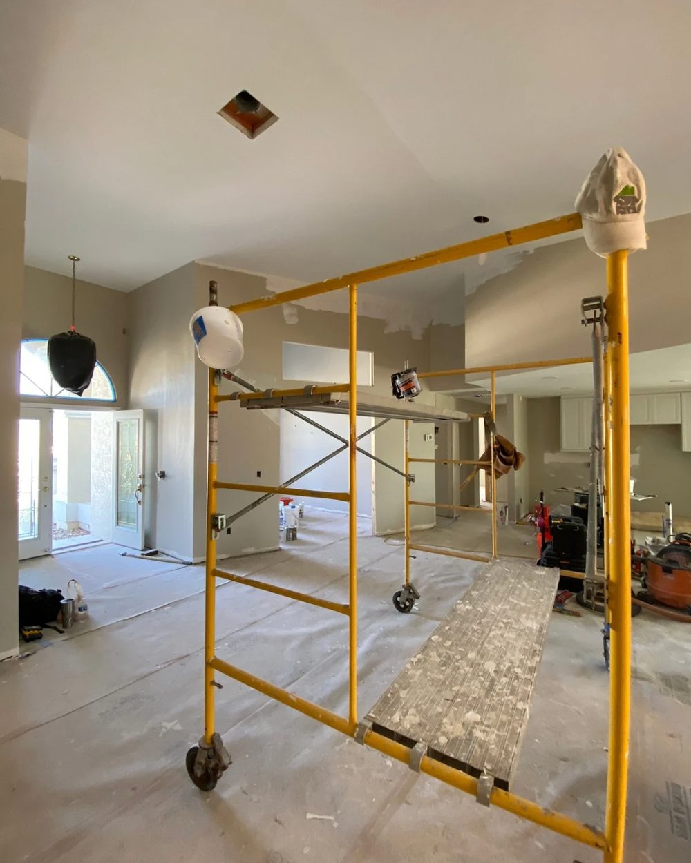 Ceiling after drywall repair — fully patched and ready for paint