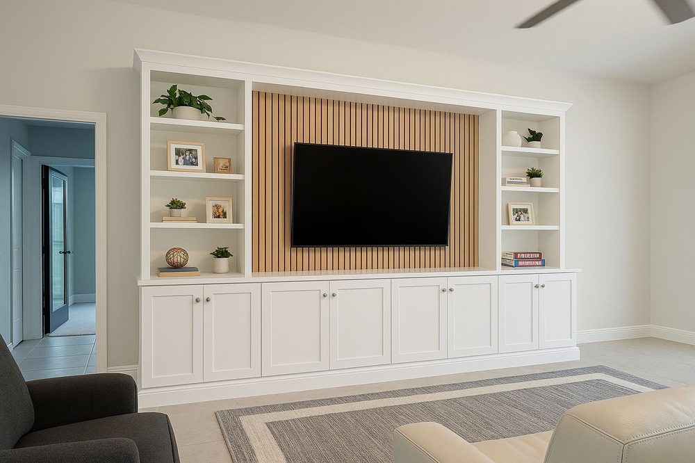 Wall after entertainment center — custom built-in cabinetry with slat wood accent wall