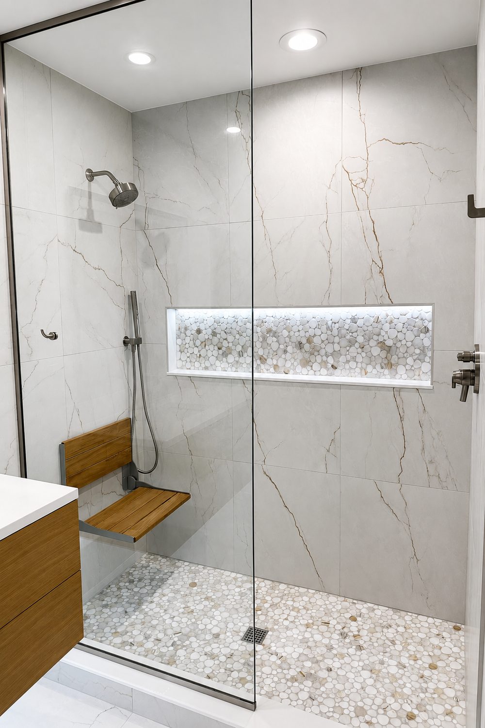 Shower after remodel — marble-look porcelain walls, pebble tile niche and floor, teak fold-down bench