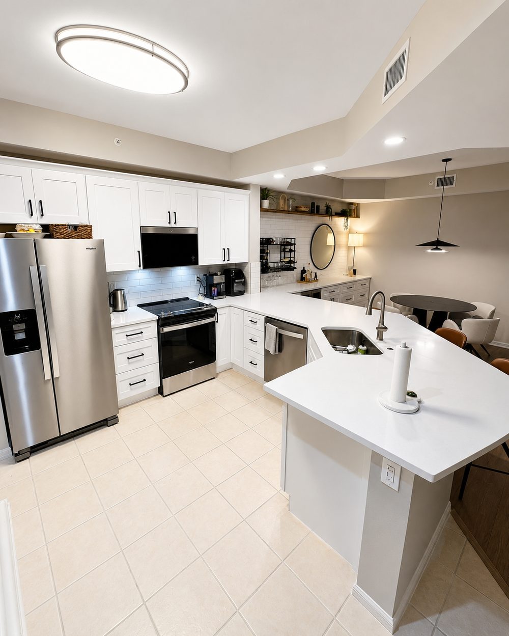 Kitchen after remodel — white shaker cabinets, subway tile backsplash, stainless appliances