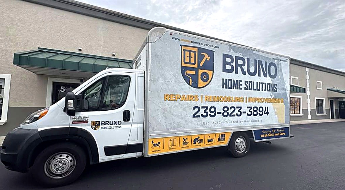 Bruno Home Solutions branded work truck parked outside a job site